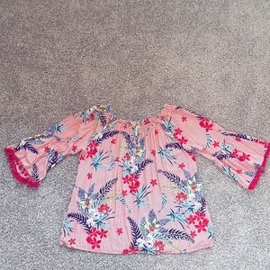 Red white striped floral off or on shoulder top